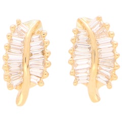 Baguette Cut Diamond Leaf Stud Earrings Set in 18 Karat Yellow Gold