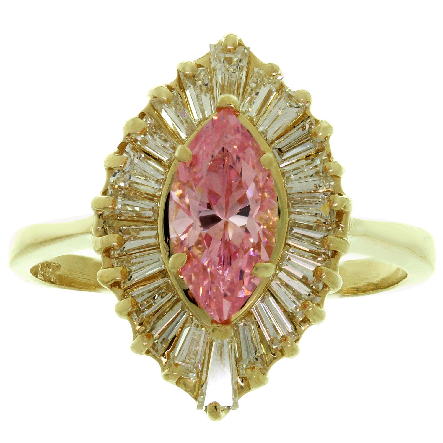 Baguette-Cut Diamond Pink Zircon Yellow Gold Ballerina Ring