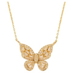 Baguette Cut Diamond Set in Butterfly Design Pendant Necklace in 18K Yellow Gold