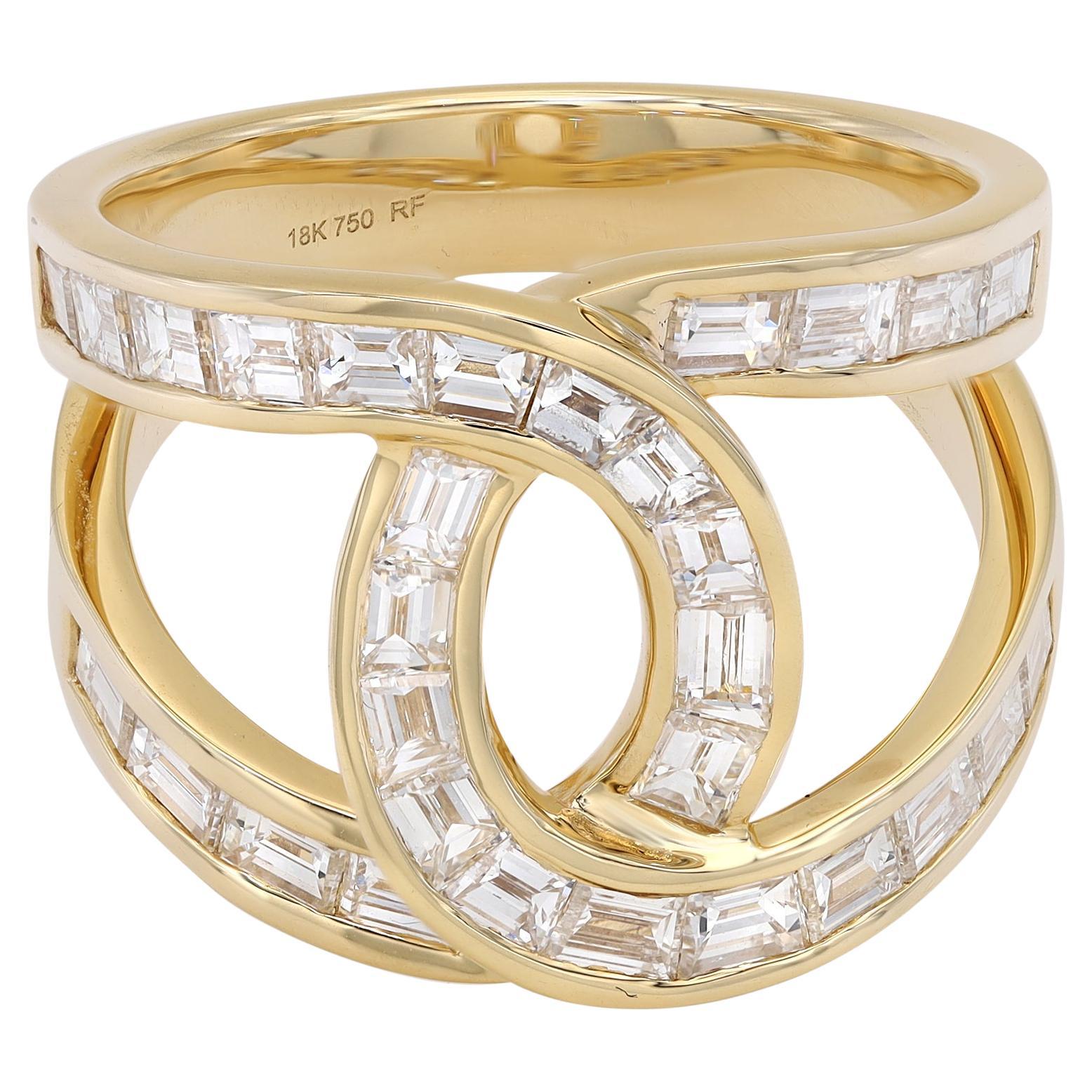 Baguette Cut Diamond Wide Statement Ring 18K Yellow Gold 3.17Cttw For Sale