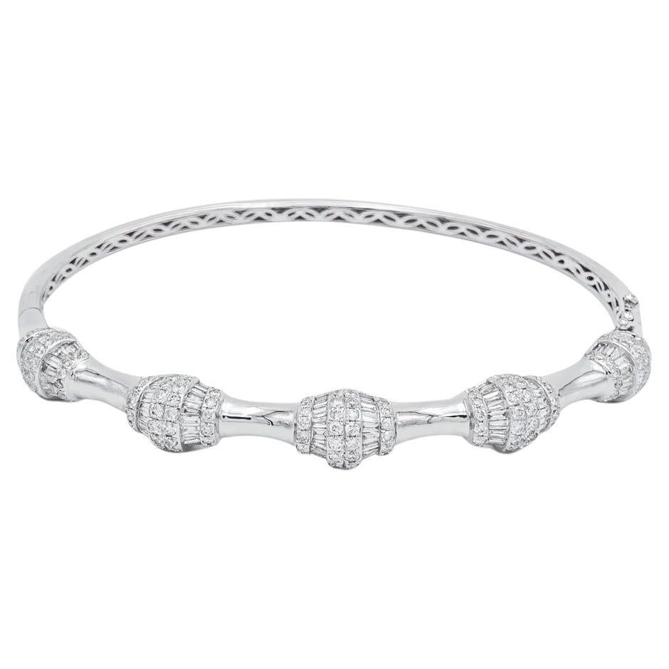 Baguette-Cut Diamonds and Round Diamonds Set in 18k White Gold Bangle For Sale