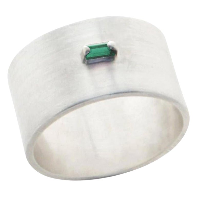 Baguette Cut Emerald sterling silver Wide Ring For Sale