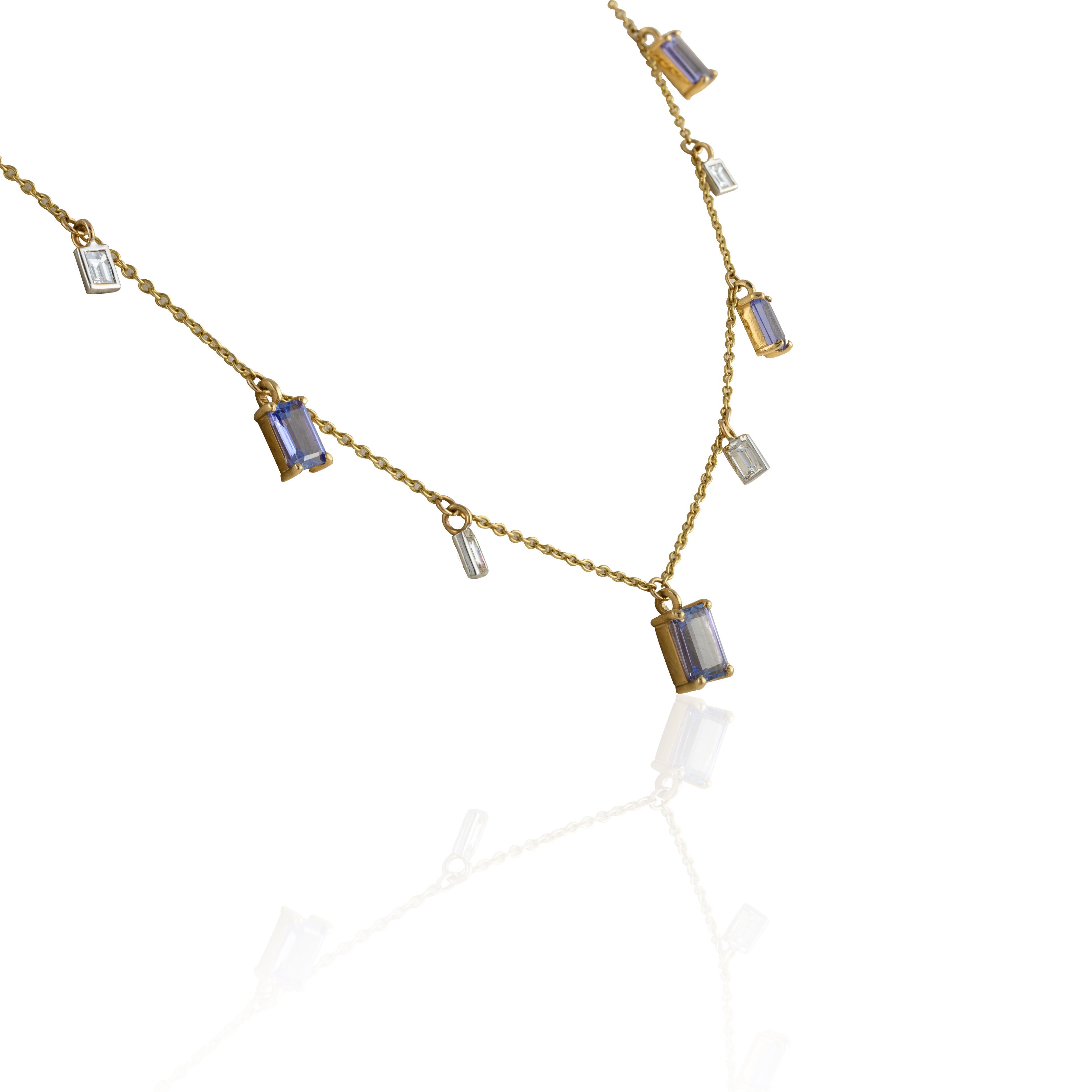 Modernist Genuine Tanzanite Diamond Charm Necklace 14k Yellow Gold, Christmas Present For Sale