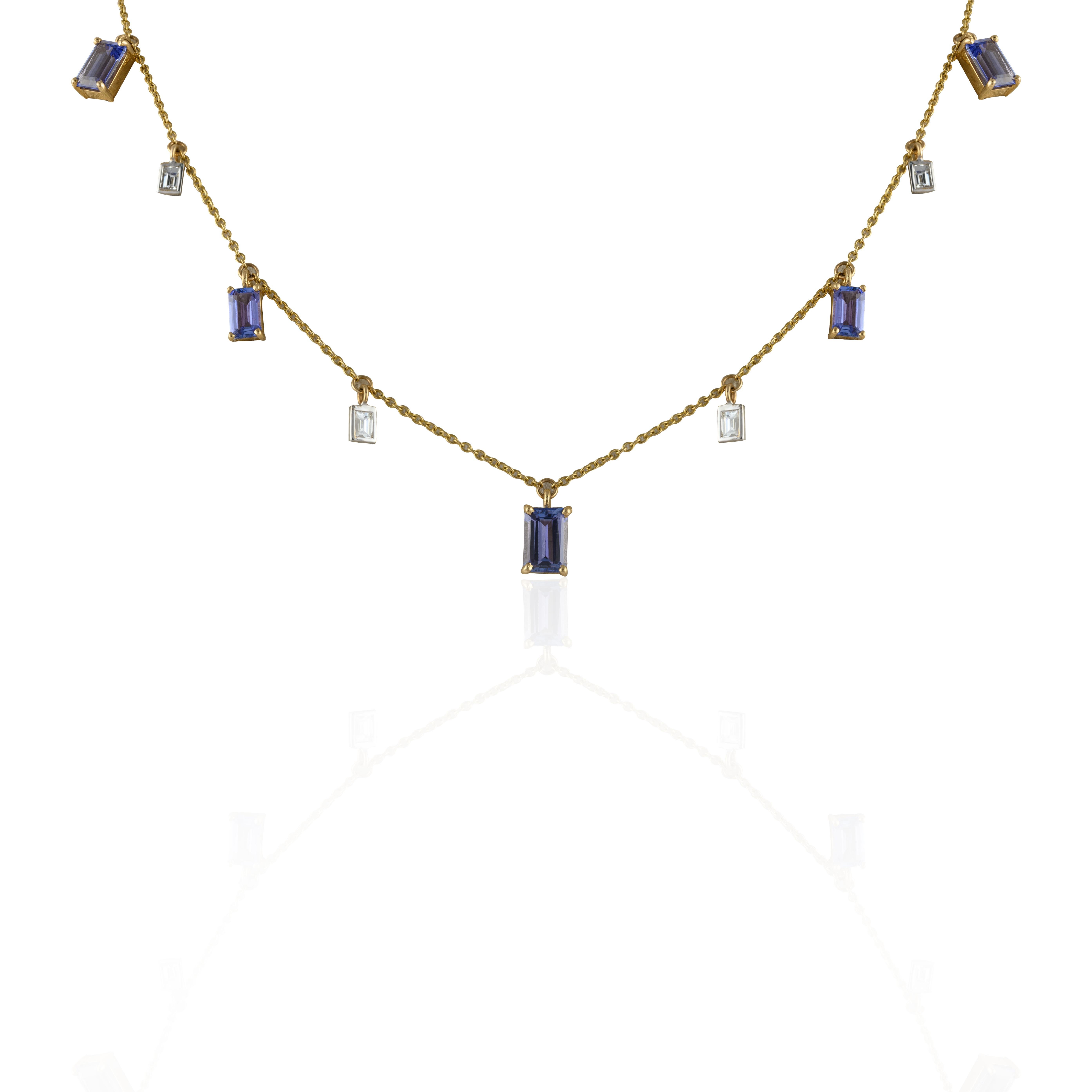 Baguette Cut Genuine Tanzanite Diamond Charm Necklace 14k Yellow Gold, Christmas Present For Sale