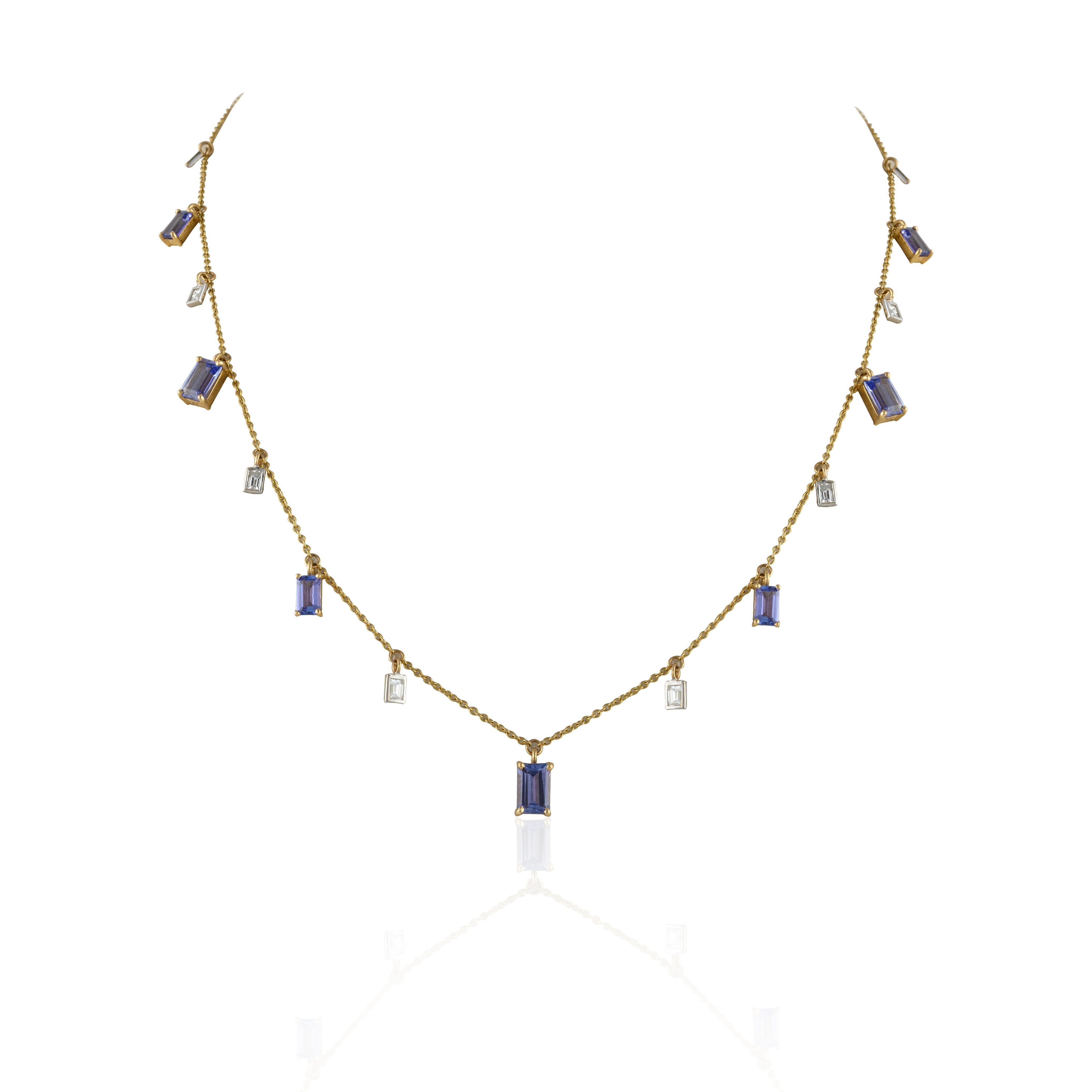 Genuine Tanzanite Diamond Charm Necklace 14k Yellow Gold, Christmas Present In New Condition For Sale In Houston, TX