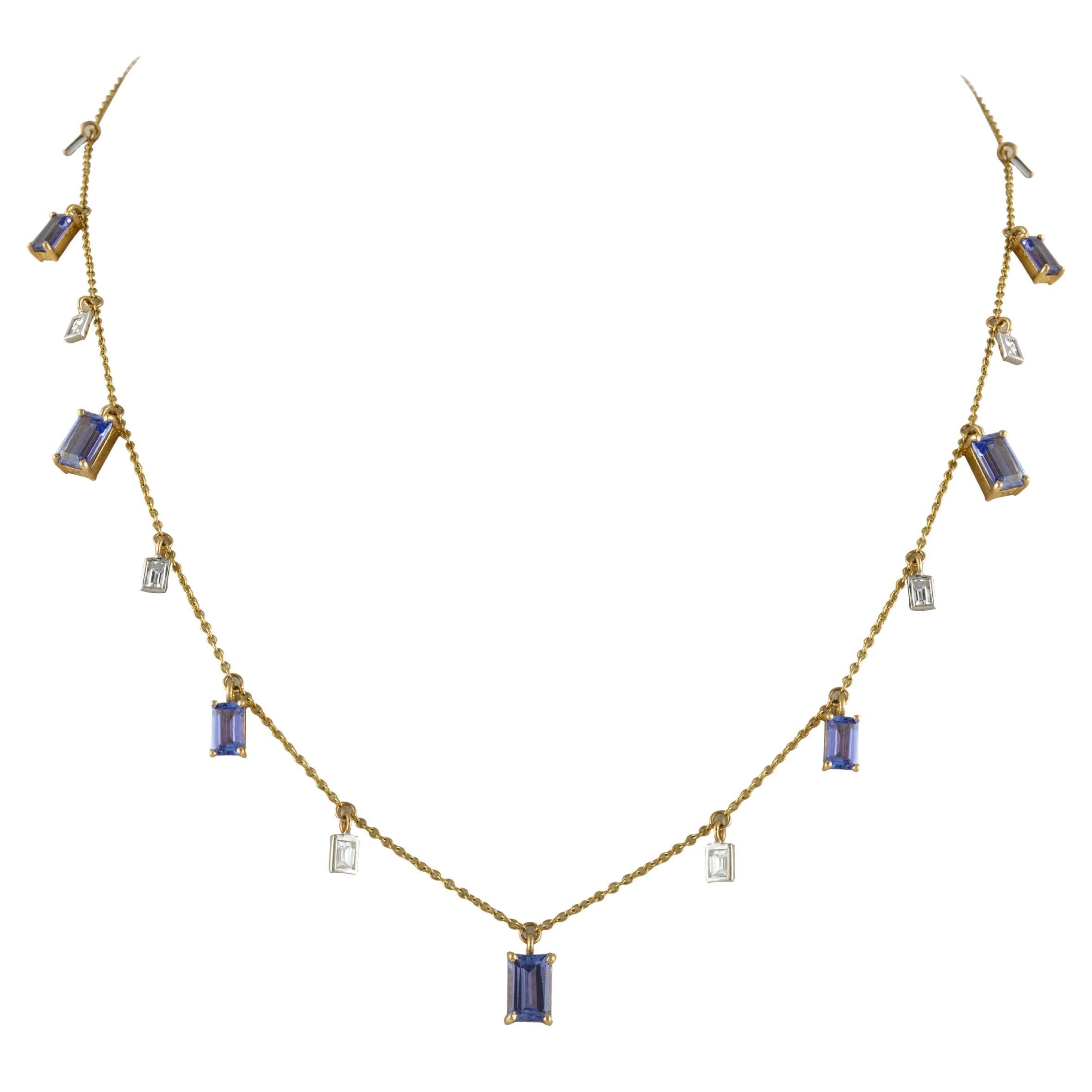 Genuine Tanzanite Diamond Charm Necklace 14k Yellow Gold, Christmas Present