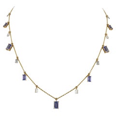Genuine Tanzanite Diamond Charm Necklace 14k Yellow Gold, Christmas Present