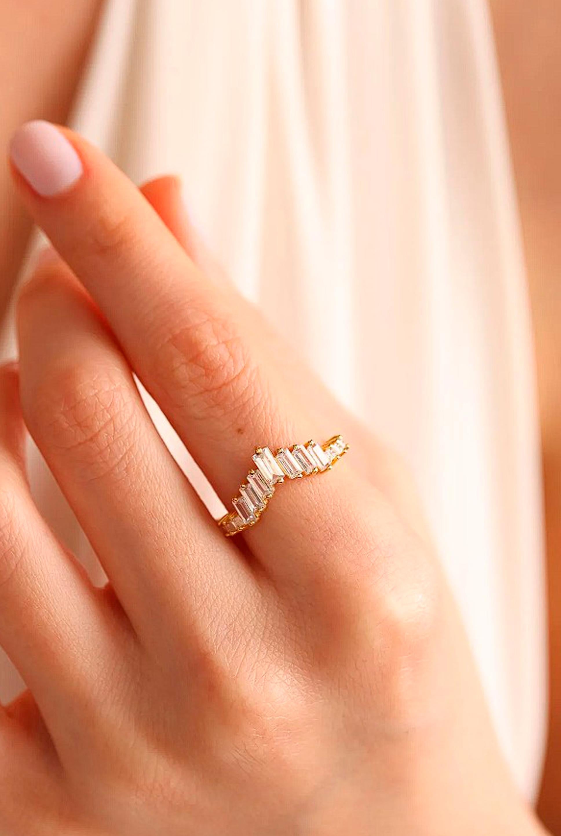 Baguette Cut Baguette cut moissanite 14k gold engagement ring. For Sale
