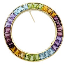 Baguette Cut Multi-Gemstone Rainbow Open Circle Brooch in 14 Karat Yellow Gold