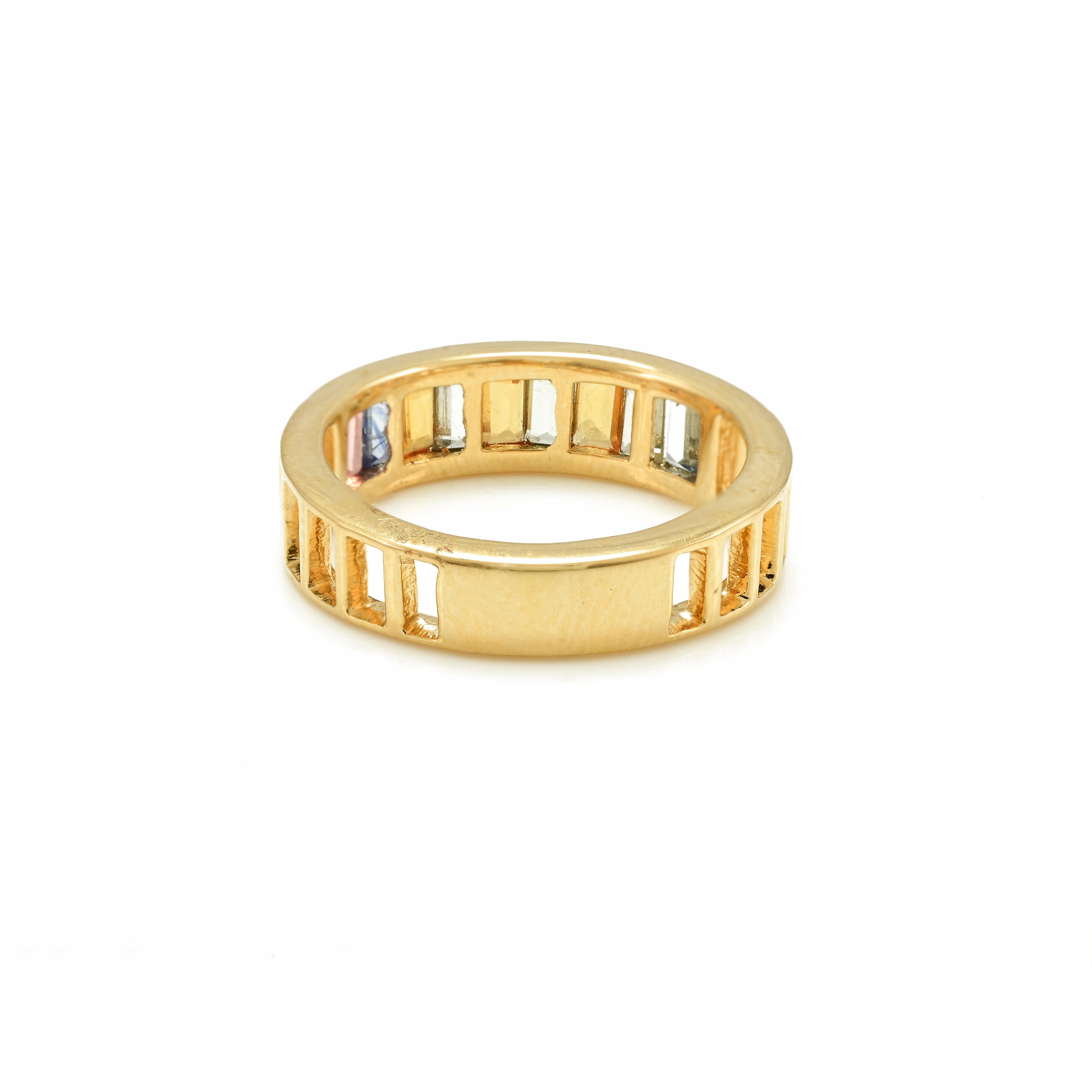 For Sale:  Channel Set 1.8 CTW Baguette Multi Sapphire Half Eternity Band 18k Yellow Gold 3
