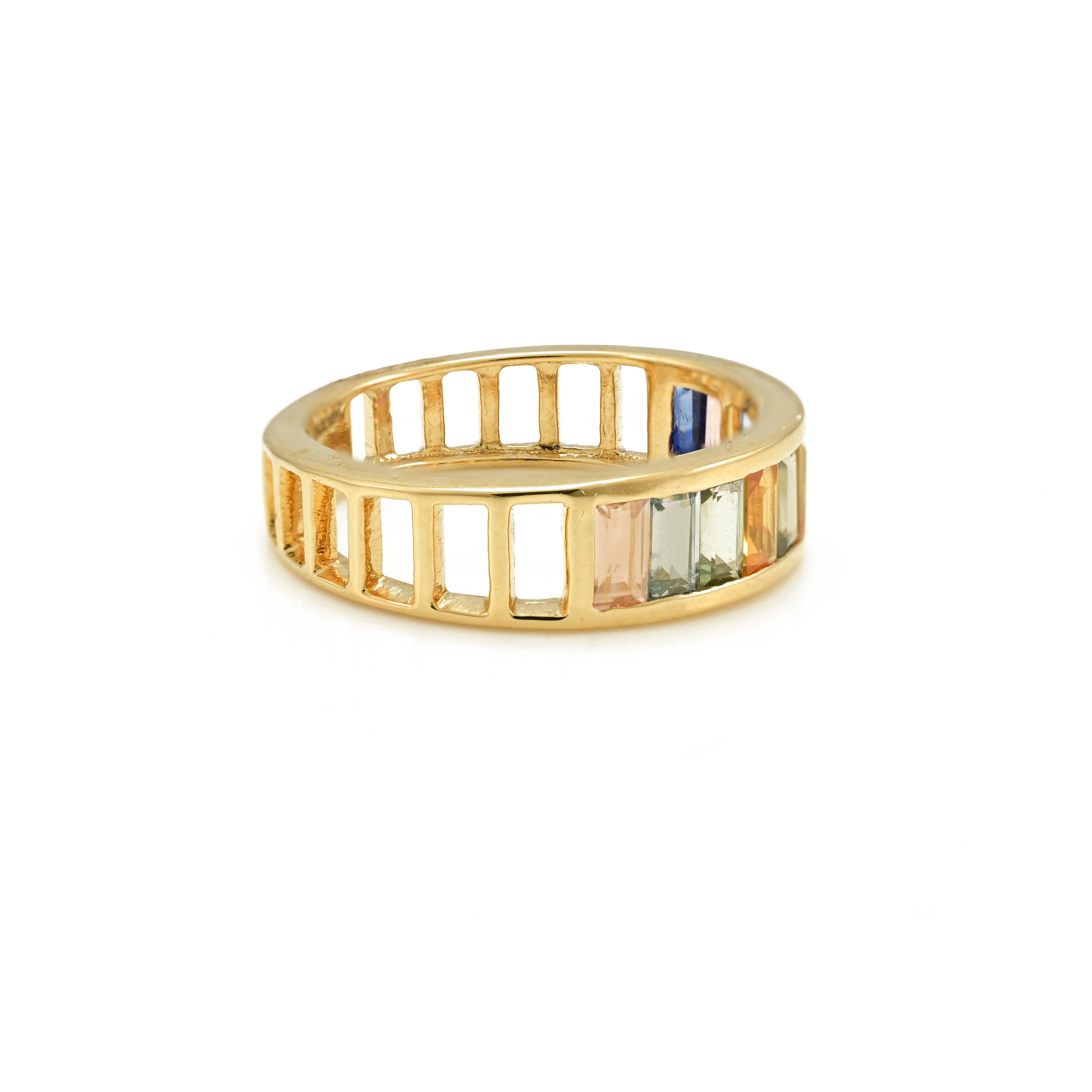 For Sale:  Channel Set 1.8 CTW Baguette Multi Sapphire Half Eternity Band 18k Yellow Gold 6