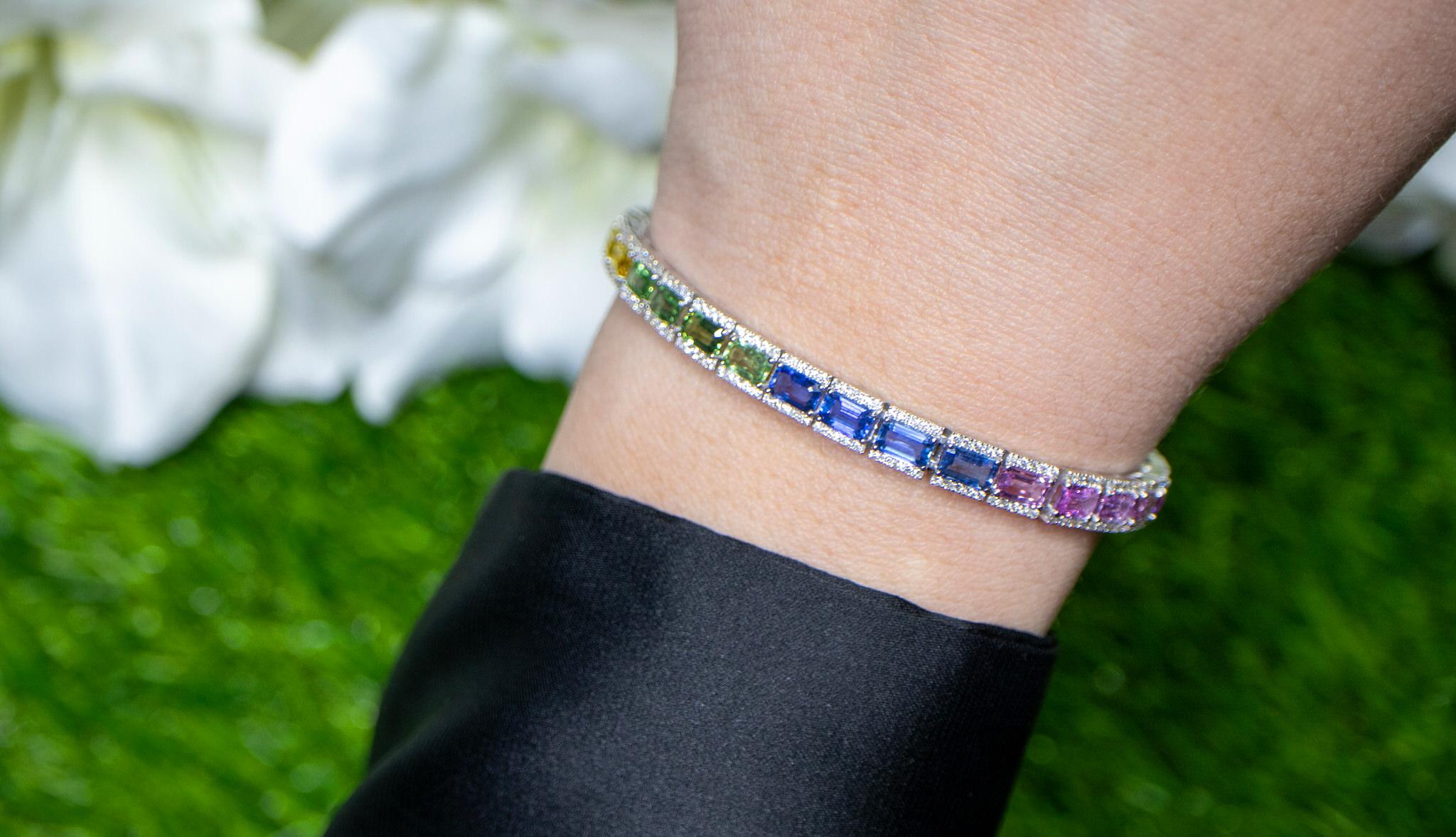 Modern Baguette Cut Multicolor Sapphires Rainbow Bracelet With Diamonds 12.7 Carats 18K For Sale