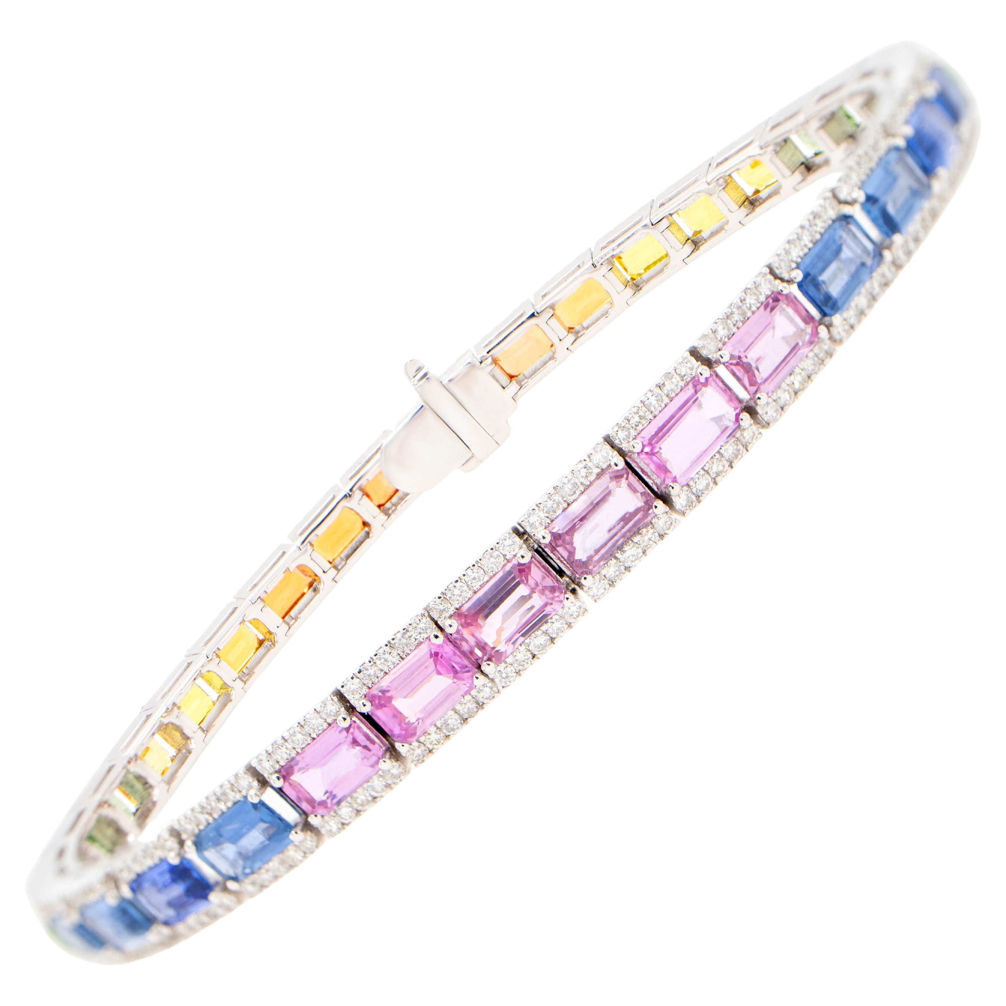Baguette Cut Multicolor Sapphires Rainbow Bracelet With Diamonds 12.7 Carats 18K For Sale