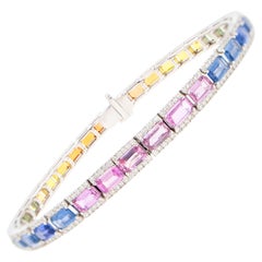 Baguette Cut Multicolor Sapphires Rainbow Bracelet With Diamonds 12.7 Carats 18K