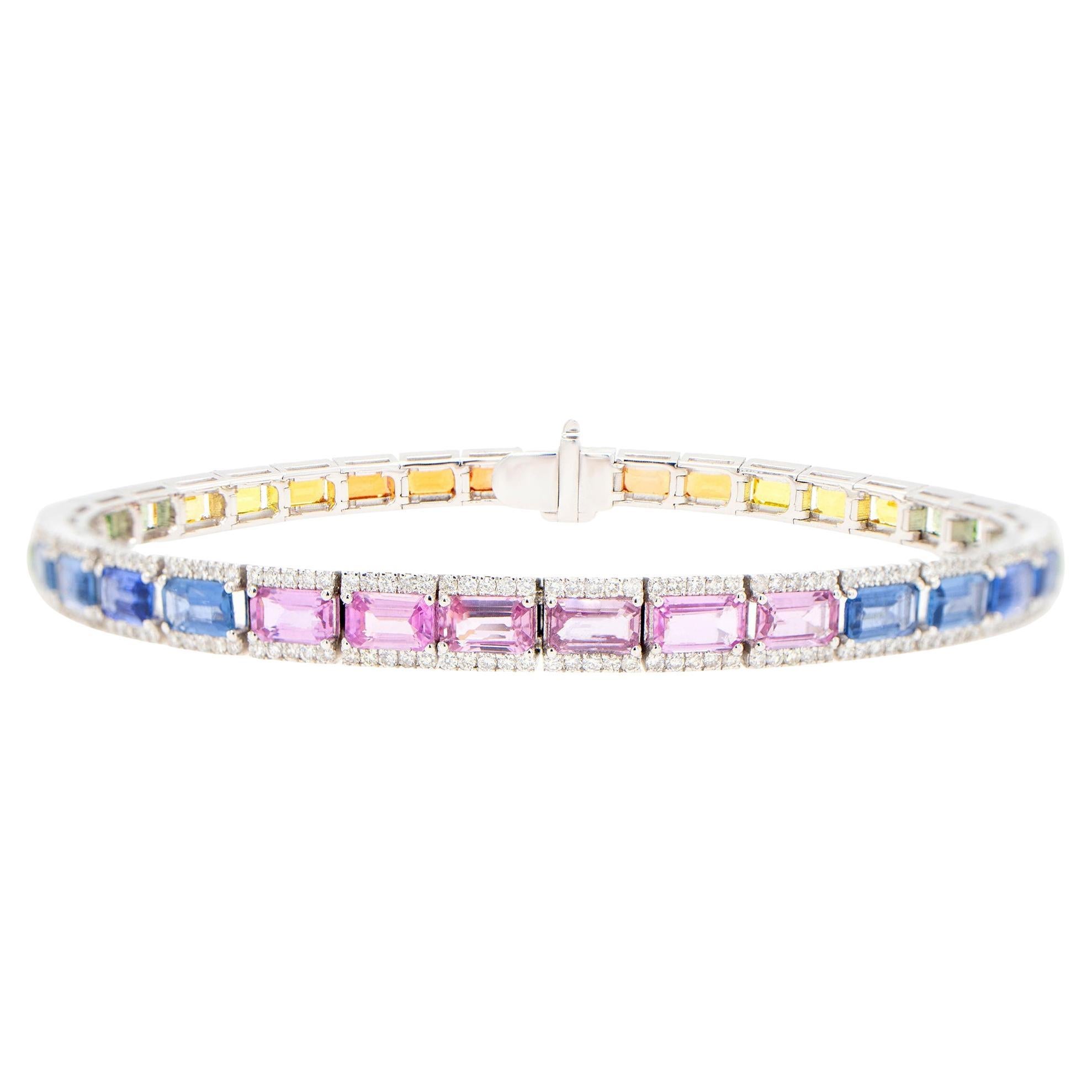 Baguette Cut Multicolor Sapphires Rainbow Bracelet With Diamonds 12.7 Carats 18K