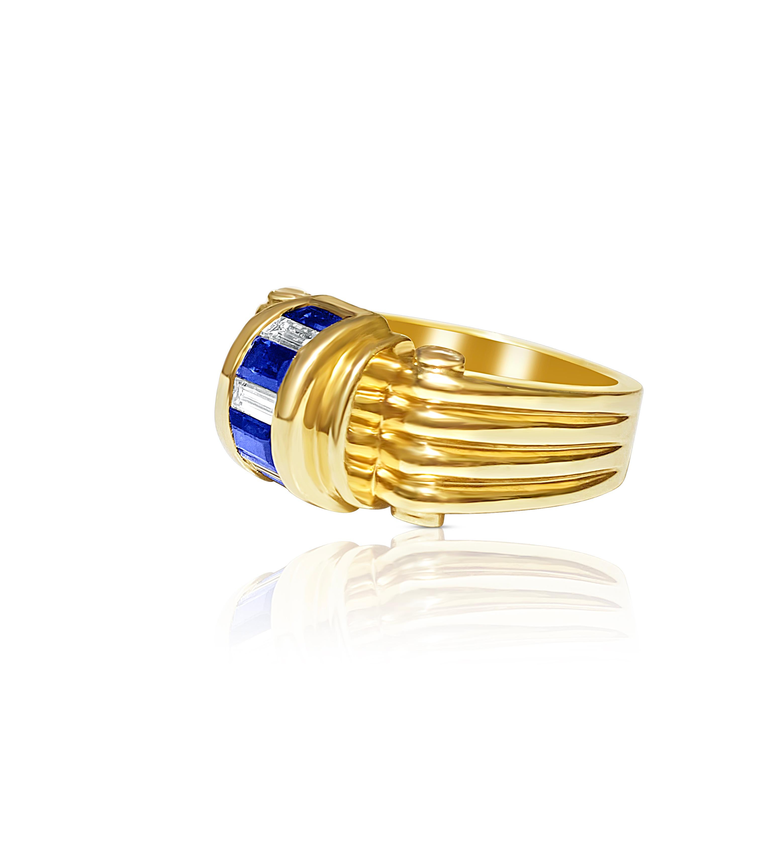 Vintage natural baguette-cut diamond and blue sapphire ring. The ring is made in textured 18k solid gold and has a perfectly contrasting color pattern of blue Sapphire's and white Diamond's. This ring has the aesthetic versatility to be worn by both