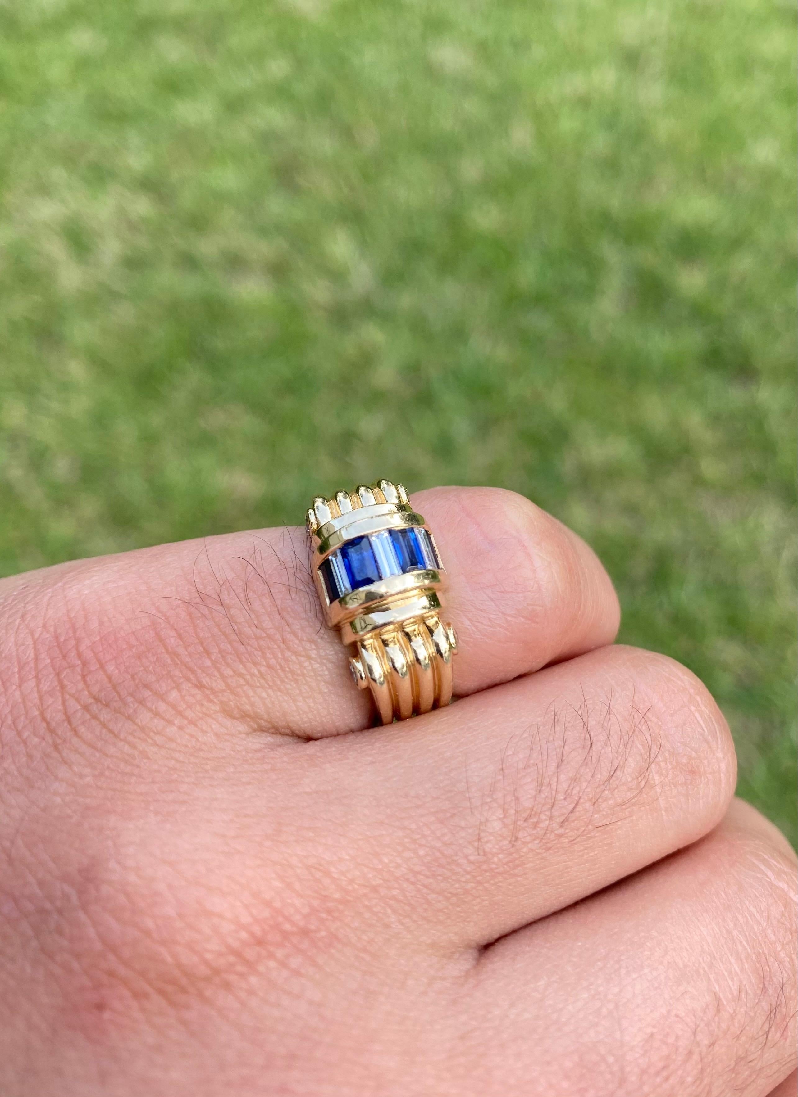 Baguette Cut Natural Diamond and Blue Sapphire Ring in 18k Solid Gold For Sale 1