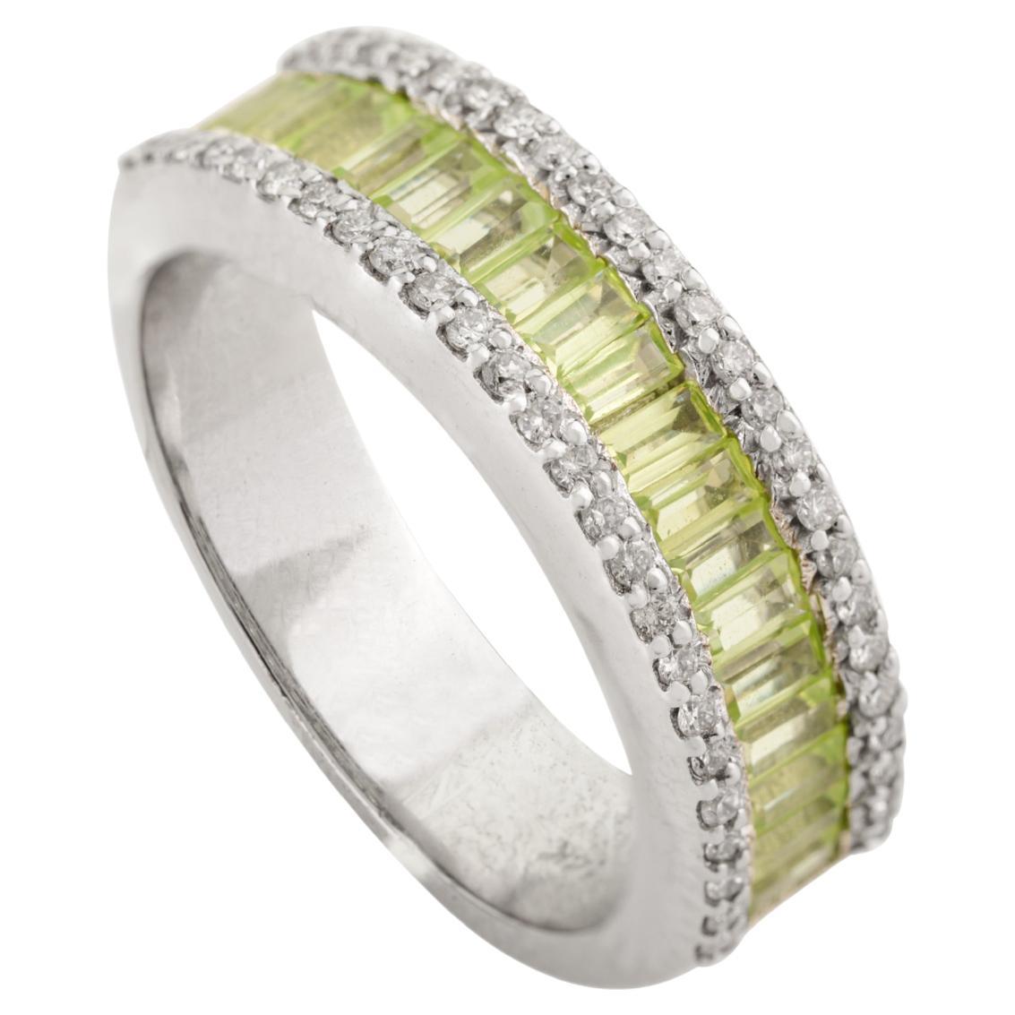 Baguette Cut Peridot with diamond 14k white gold Wedding Band Ring Luxury Gift