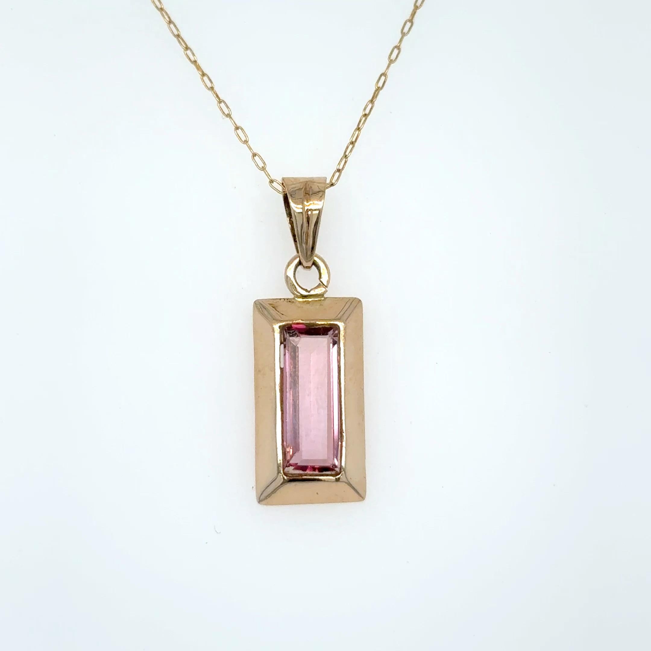 Women's Baguette Cut Pink Tourmaline Yellow Gold Pendant Necklace For Sale