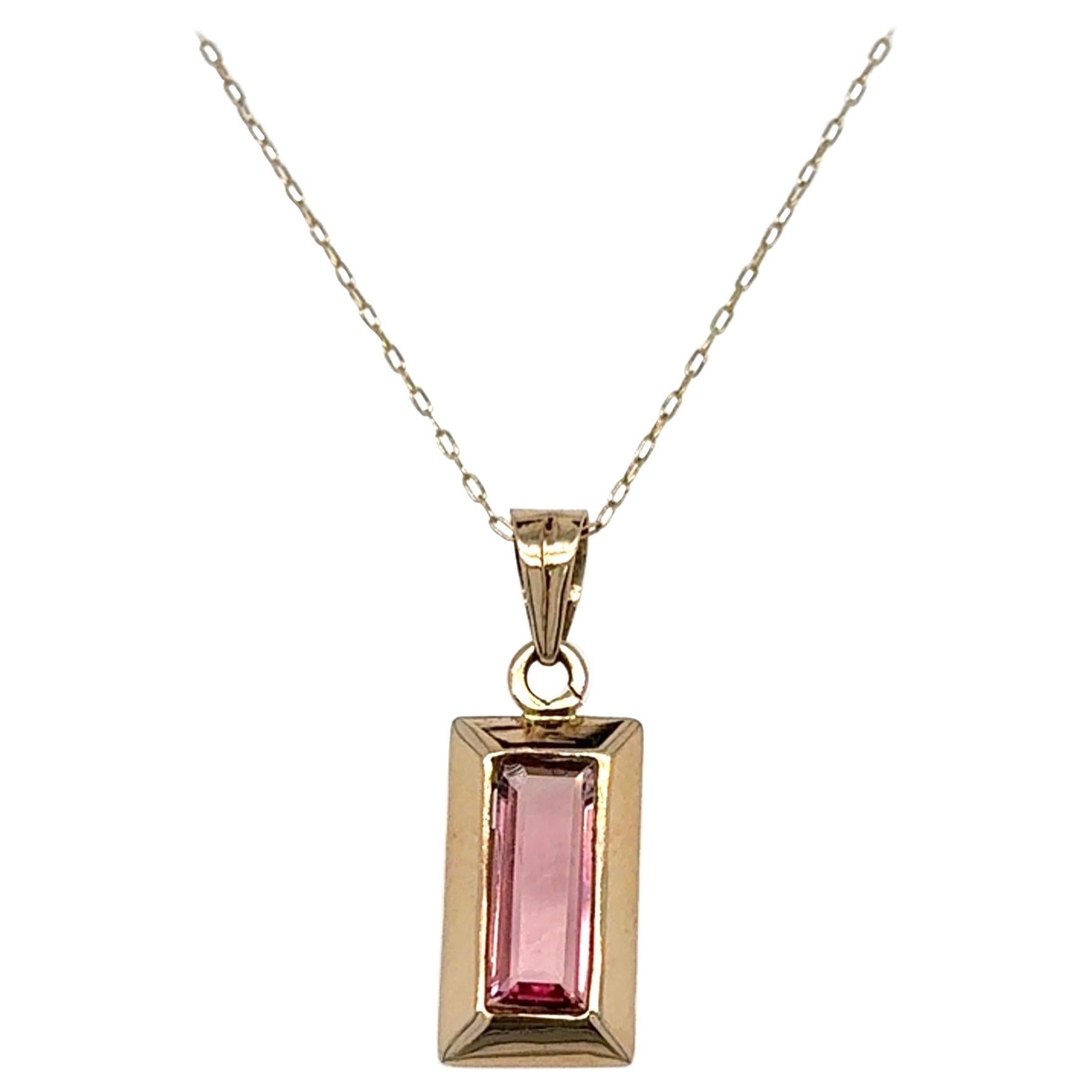 Baguette Cut Pink Tourmaline Yellow Gold Pendant Necklace