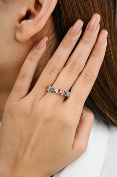 Baguette Cut Rainbow Sapphire Half Eternity Band Ring in 18k Solid White Gold