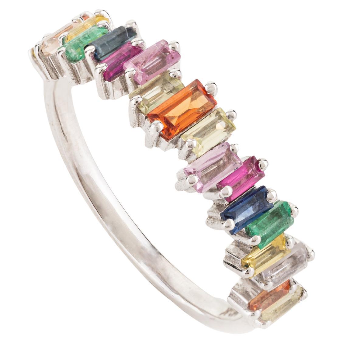For Sale:  Baguette Cut Rainbow Sapphire Half Eternity Band Ring in 18k Solid White Gold