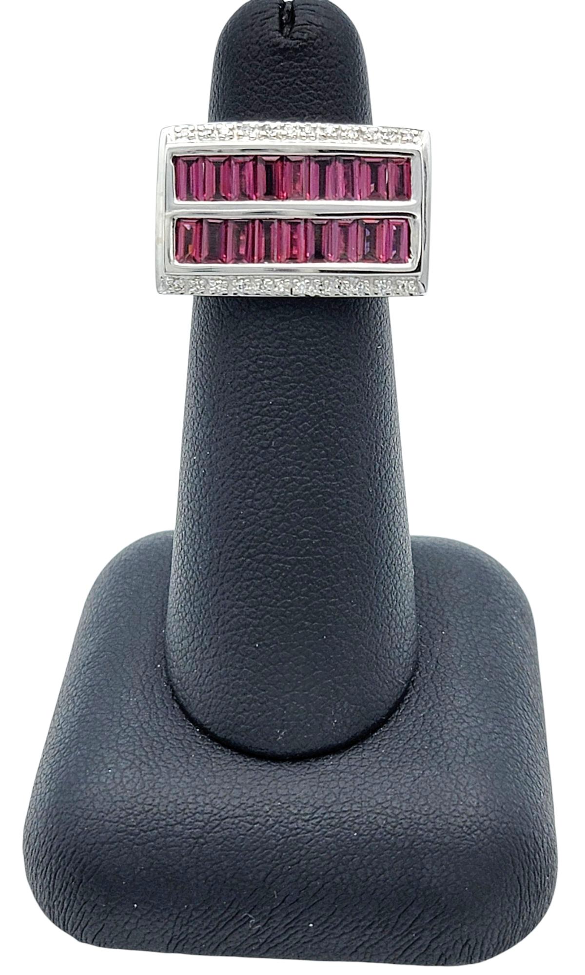 Baguette Cut Rhodolite Garnet & Diamond Multi Row Ring in Two-Tone 14 Karat Gold For Sale 5