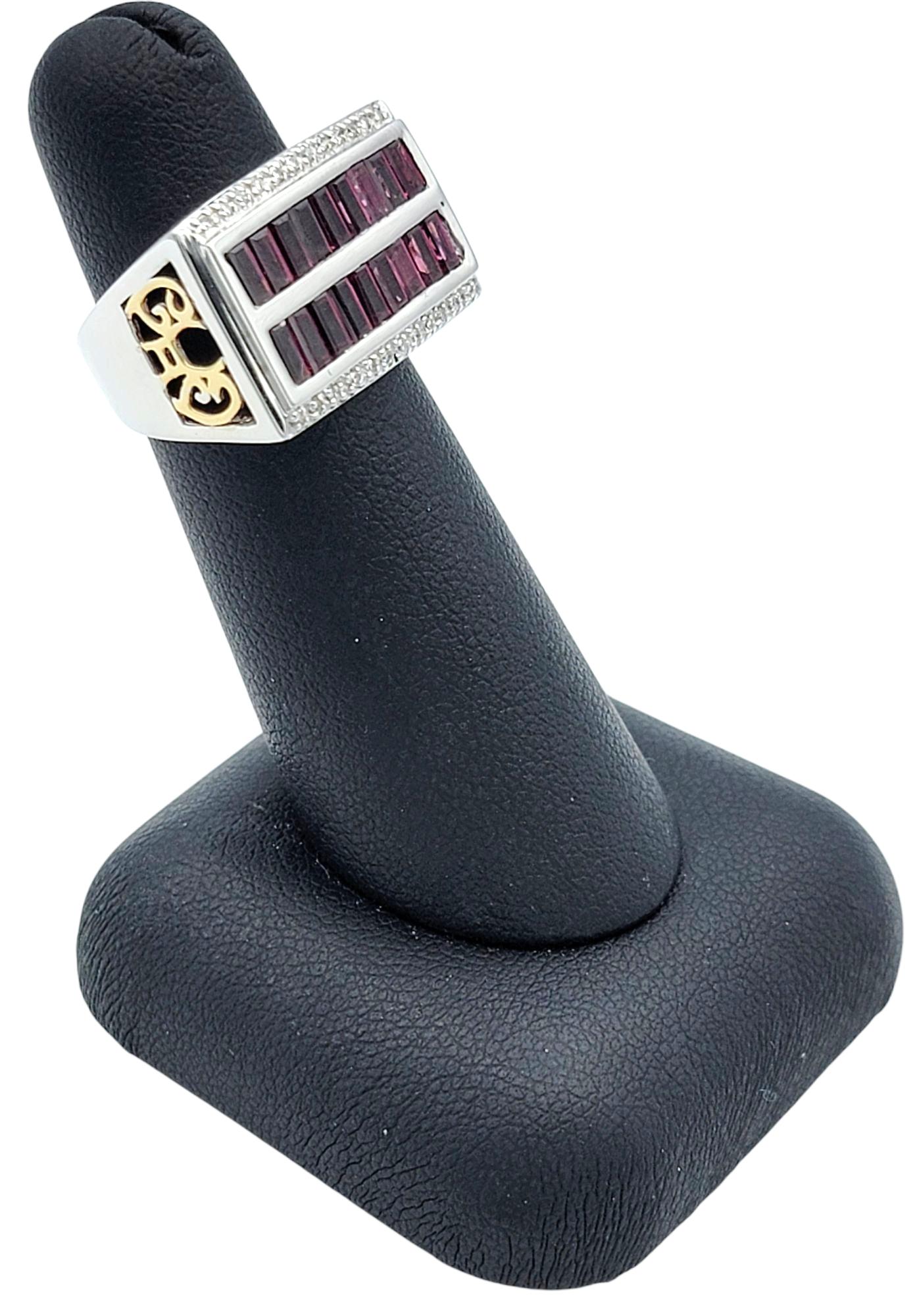 Baguette Cut Rhodolite Garnet & Diamond Multi Row Ring in Two-Tone 14 Karat Gold For Sale 6