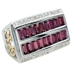 Baguette Cut Rhodolite Garnet & Diamond Multi Row Ring in Two-Tone 14 Karat Gold