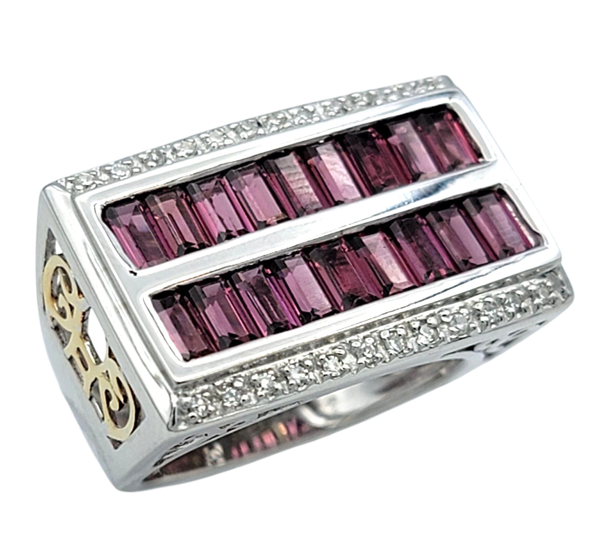 Contemporary Baguette Cut Rhodolite Garnet & Diamond Multi Row Ring in Two-Tone 14 Karat Gold For Sale
