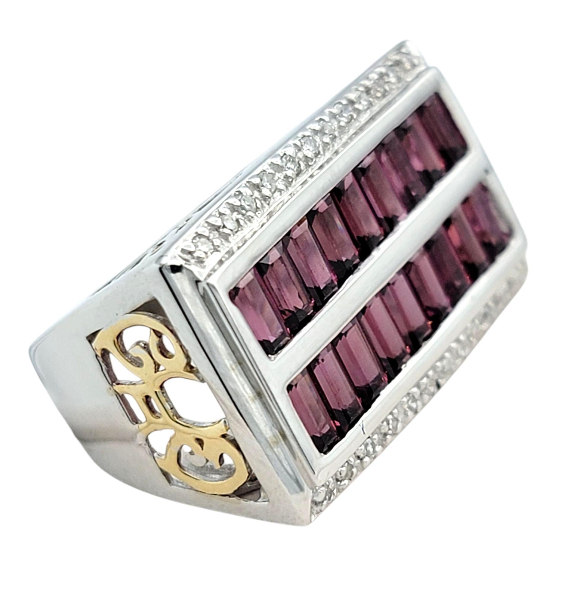 Baguette Cut Rhodolite Garnet & Diamond Multi Row Ring in Two-Tone 14 Karat Gold In Good Condition For Sale In Scottsdale, AZ