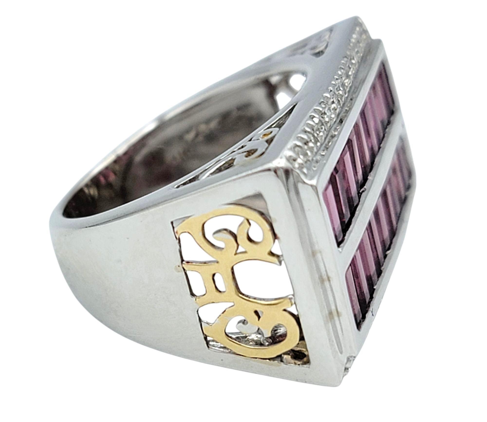 Women's Baguette Cut Rhodolite Garnet & Diamond Multi Row Ring in Two-Tone 14 Karat Gold For Sale