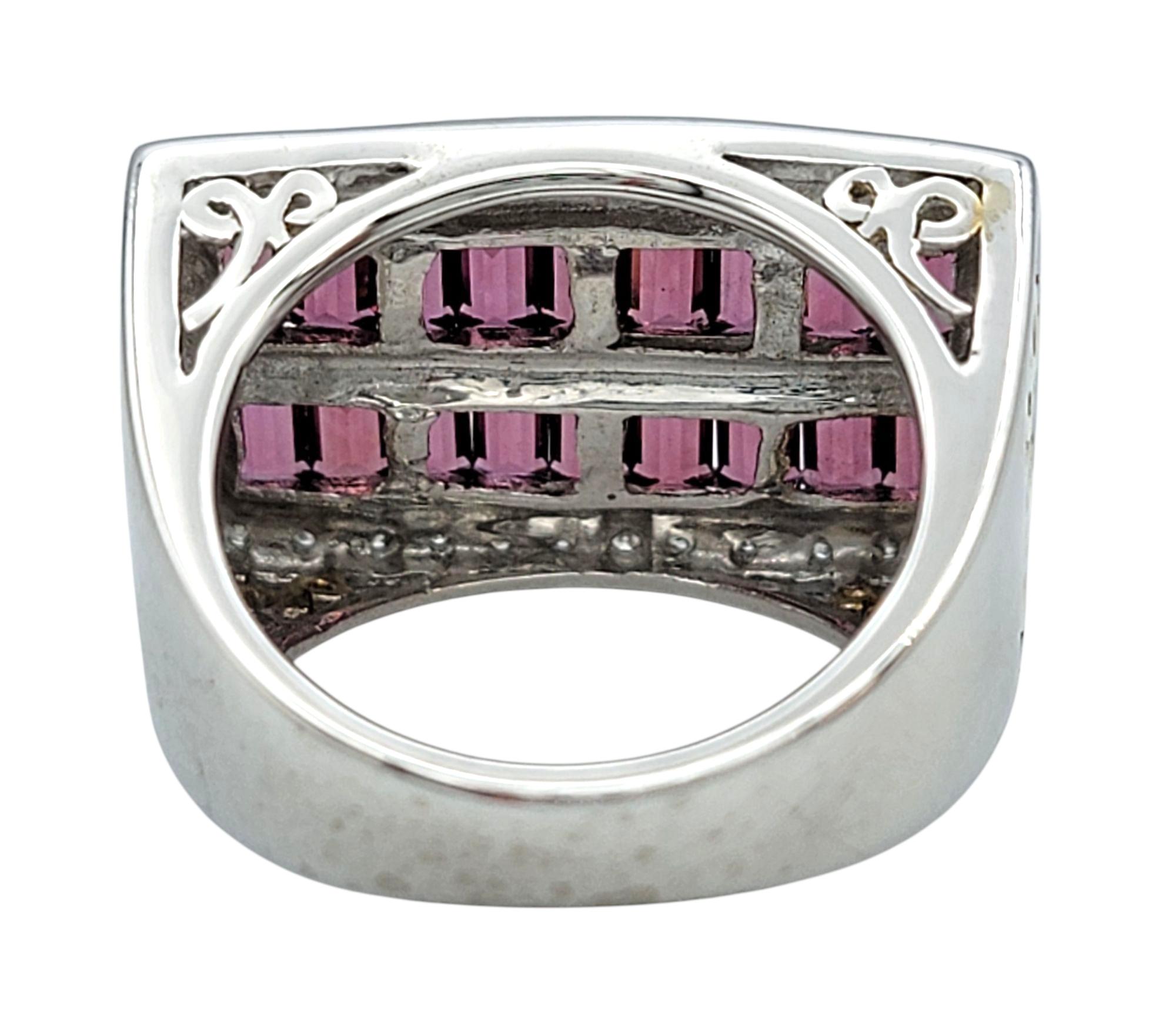 Baguette Cut Rhodolite Garnet & Diamond Multi Row Ring in Two-Tone 14 Karat Gold For Sale 1