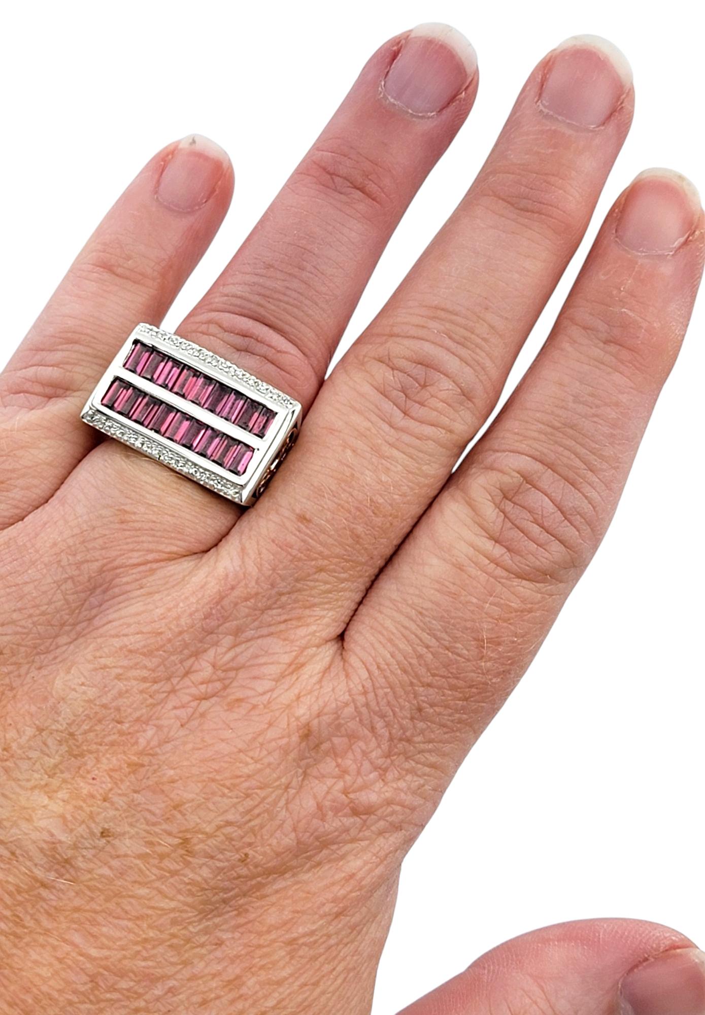 Baguette Cut Rhodolite Garnet & Diamond Multi Row Ring in Two-Tone 14 Karat Gold For Sale 3