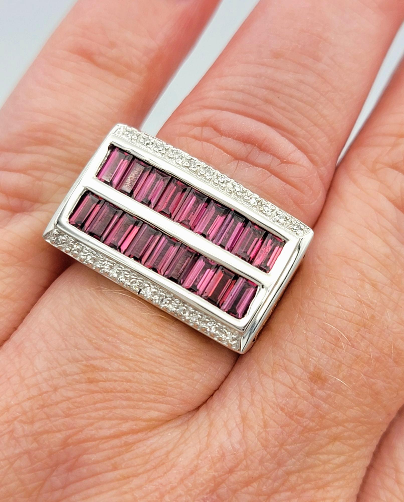 Baguette Cut Rhodolite Garnet & Diamond Multi Row Ring in Two-Tone 14 Karat Gold For Sale 4