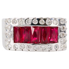 Baguette Cut Rubies & Diamond Statement Ring in 18K White Gold