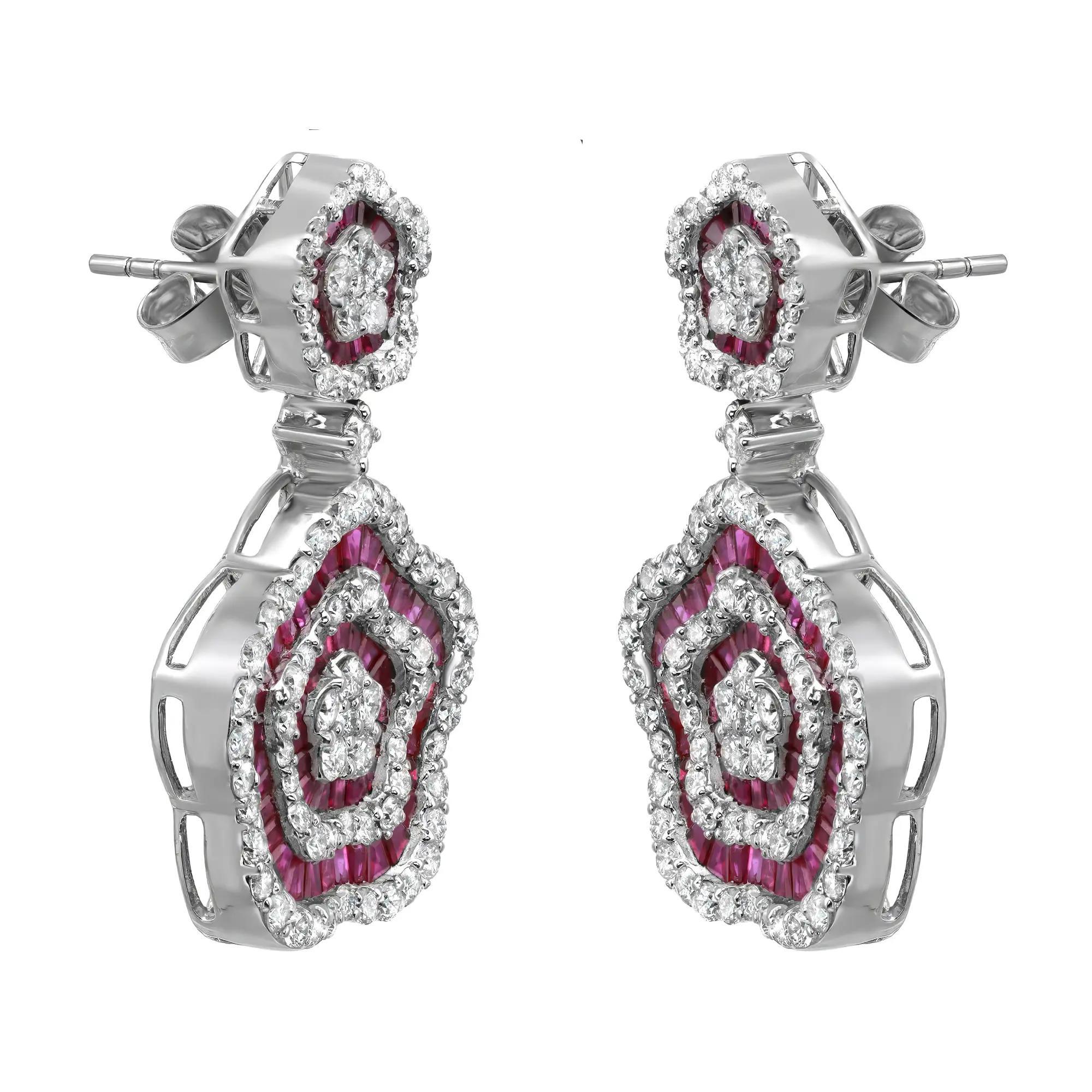 Modern Baguette Cut Ruby 3.13Ctw & Diamond 2.77Ctw Floral Drop Earrings 14K White Gold For Sale