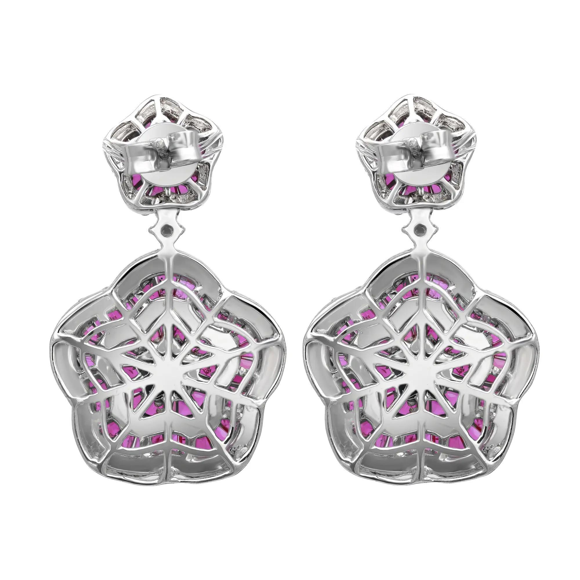 Baguette Cut Ruby 3.13Ctw & Diamond 2.77Ctw Floral Drop Earrings 14K White Gold In New Condition For Sale In New York, NY