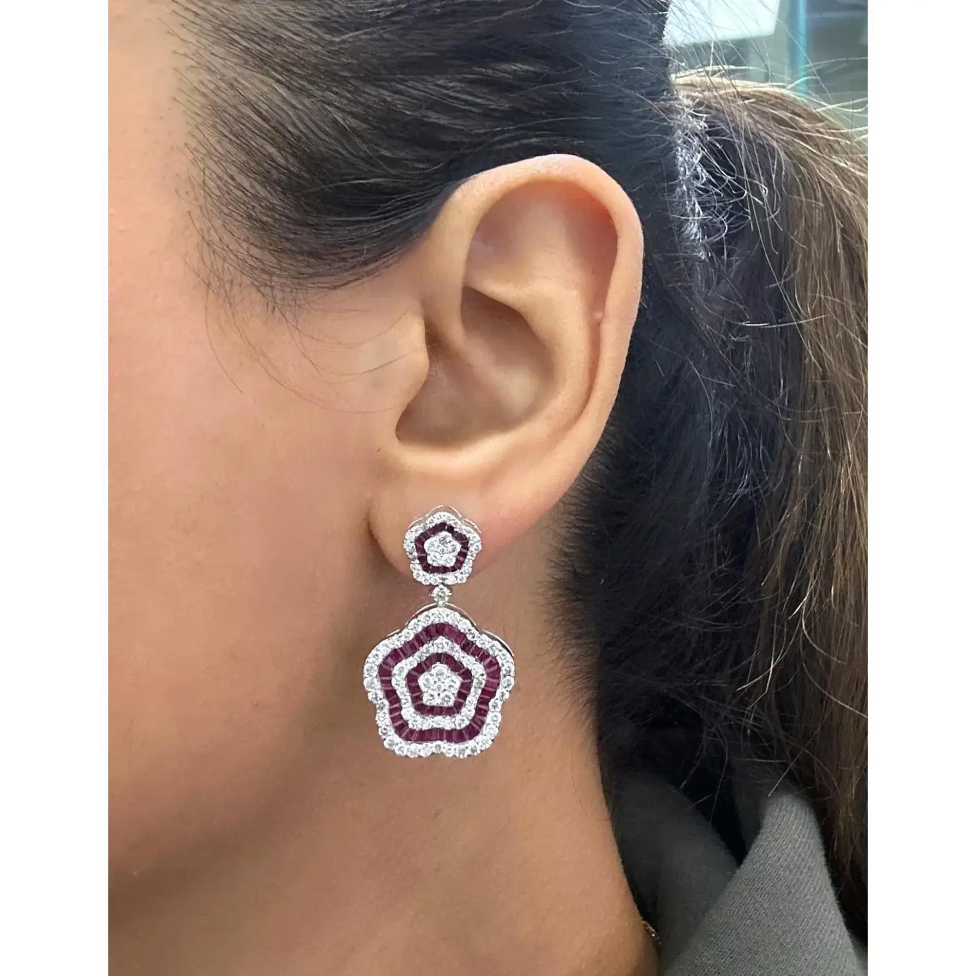 Women's Baguette Cut Ruby 3.13Ctw & Diamond 2.77Ctw Floral Drop Earrings 14K White Gold For Sale