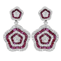 Baguette Cut Ruby 3.13Ctw & Diamond 2.77Ctw Floral Drop Earrings 14K White Gold