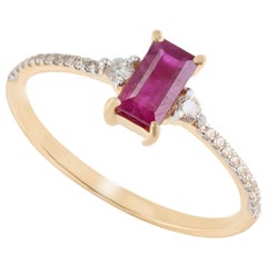 Anillo apilado de rubíes y diamantes talla baguette en oro amarillo macizo de 14k para ella