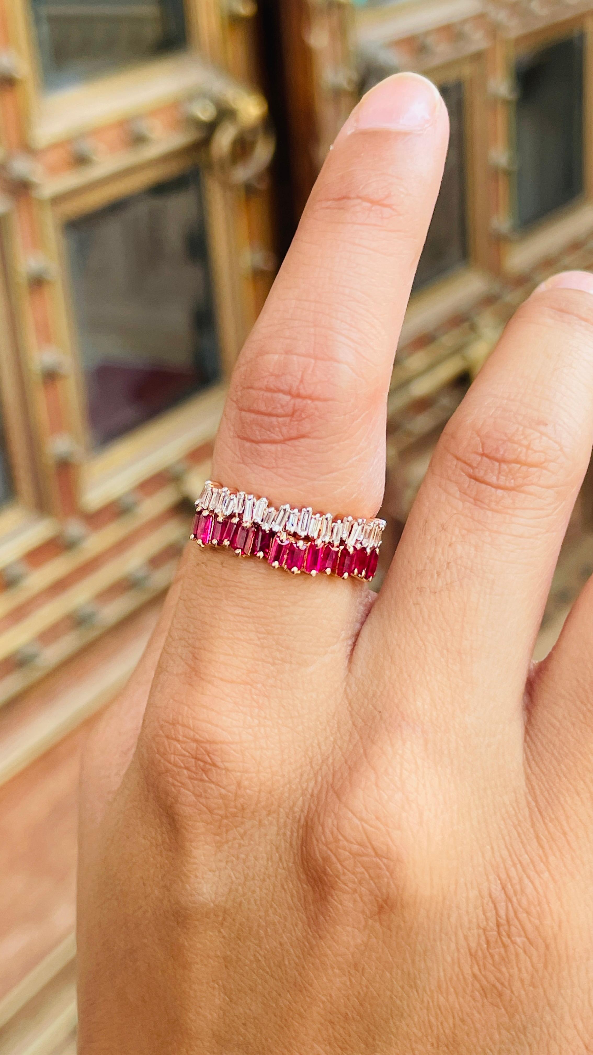 For Sale:  Baguette Cut Ruby Diamond Engagement Band Ring in 14k Solid Rose Gold 10