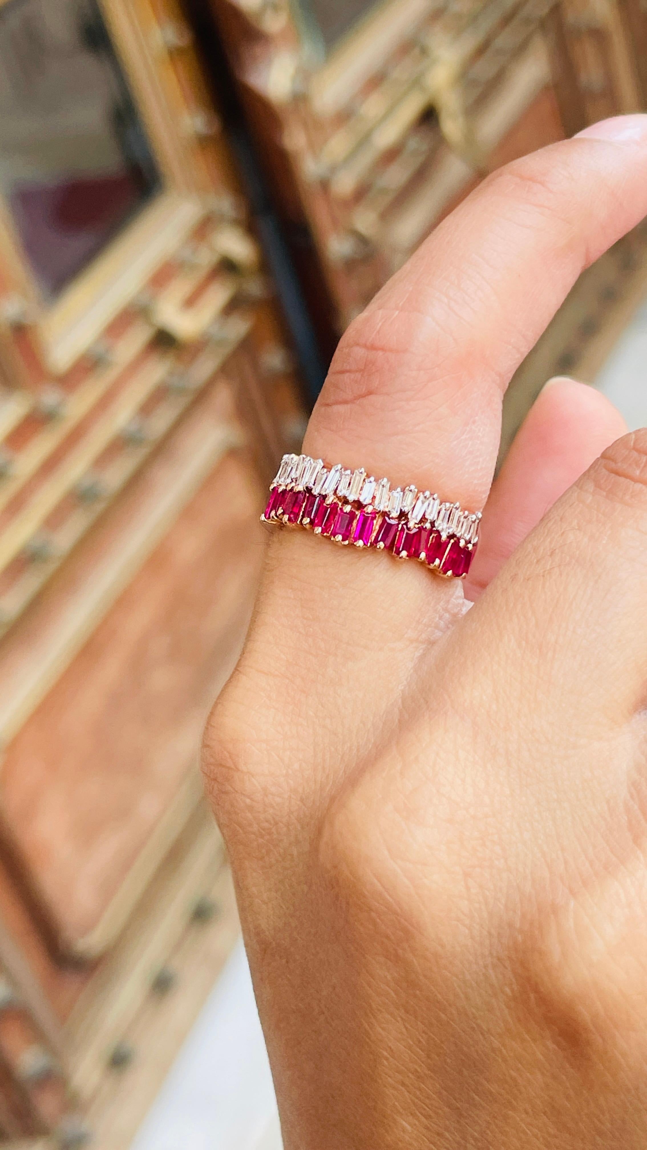 For Sale:  Baguette Cut Ruby Diamond Engagement Band Ring in 14k Solid Rose Gold 2