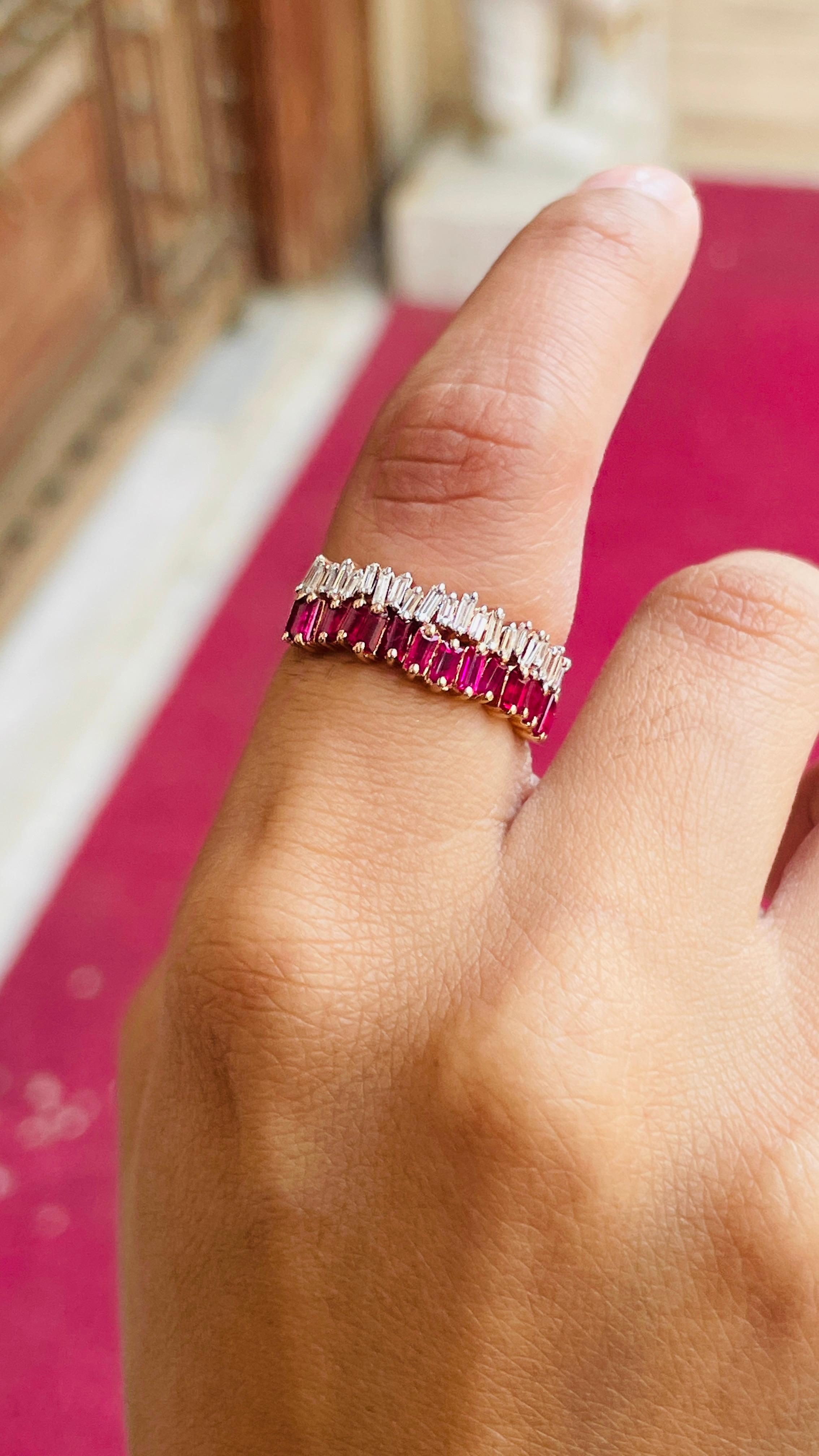 For Sale:  Baguette Cut Ruby Diamond Engagement Band Ring in 14k Solid Rose Gold 6