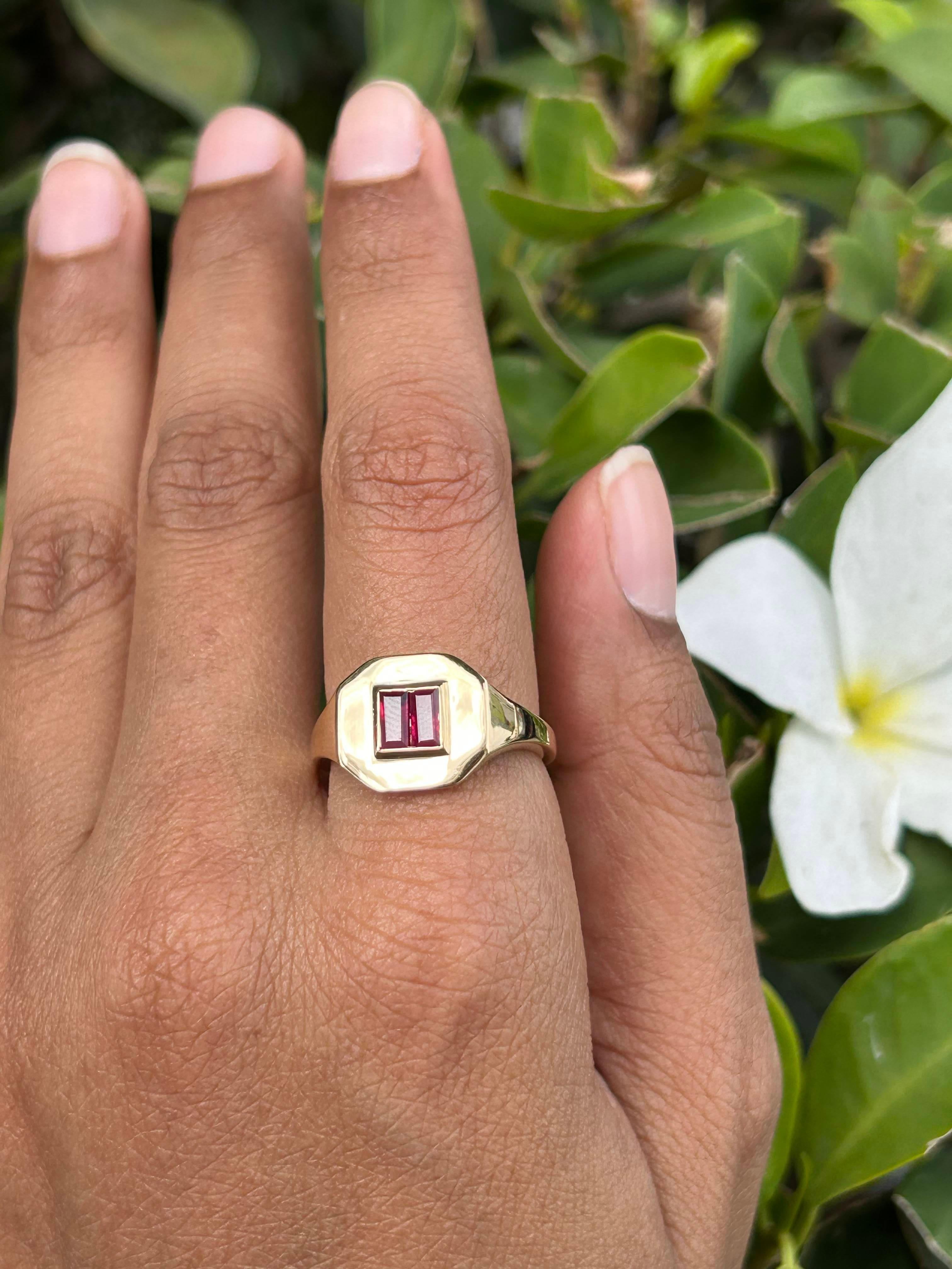 For Sale:  Baguette Cut Ruby Gemstone Unisex Signet Ring 14kt Solid Yellow Gold 4