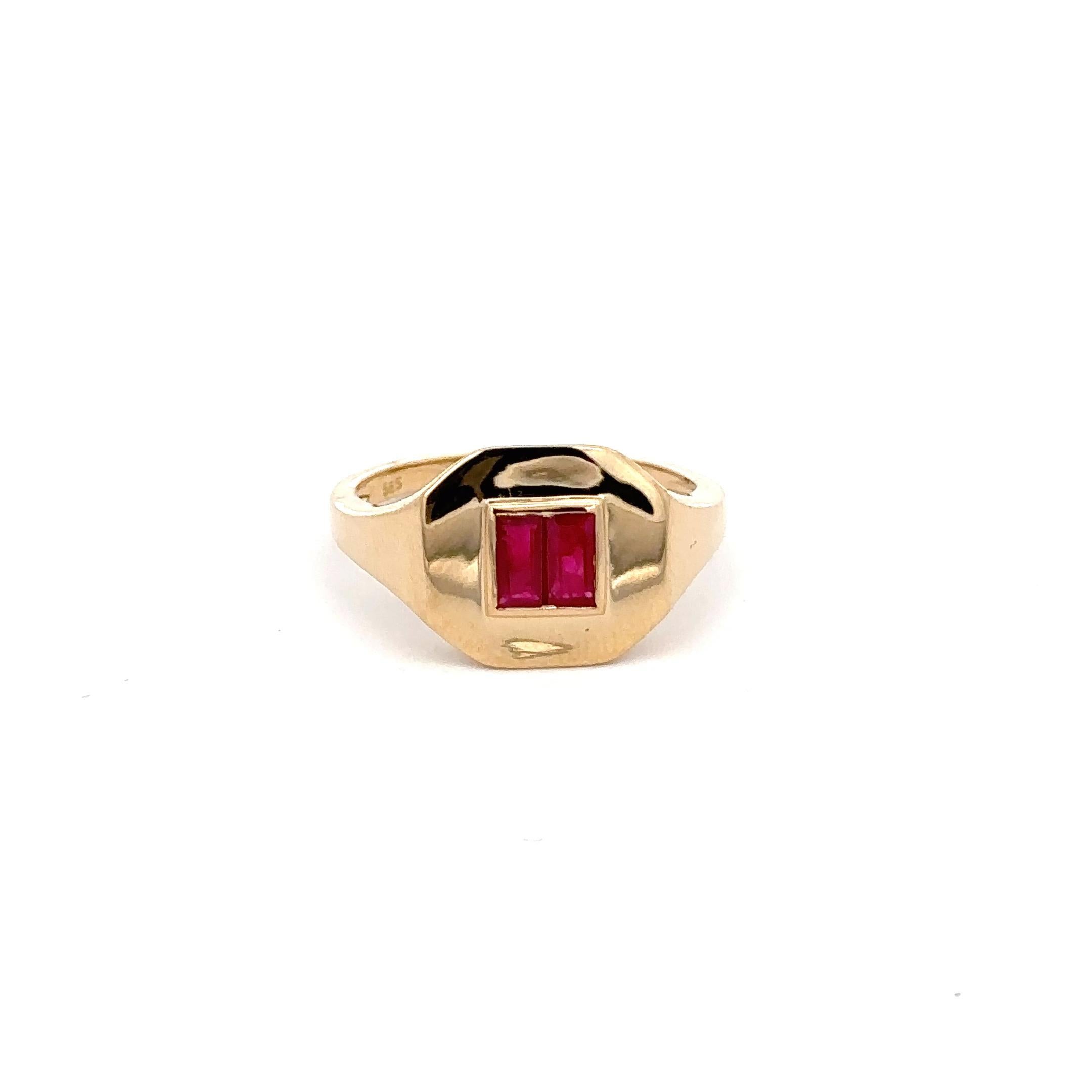For Sale:  Baguette Cut Ruby Gemstone Unisex Signet Ring 14kt Solid Yellow Gold 8
