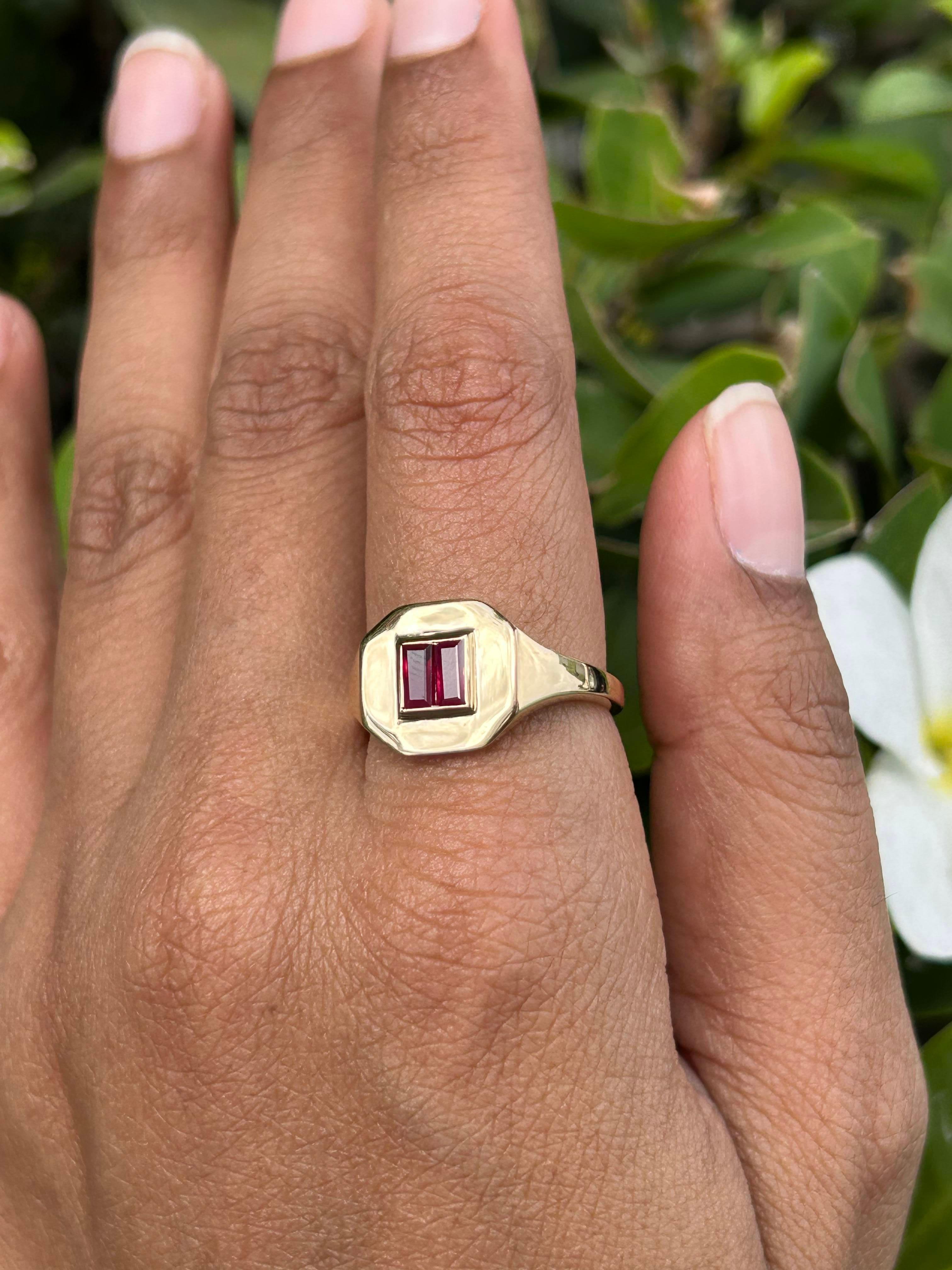 For Sale:  Baguette Cut Ruby Gemstone Unisex Signet Ring 14kt Solid Yellow Gold 9
