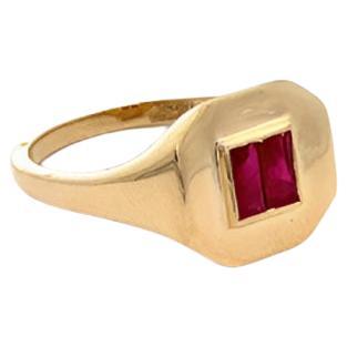 Baguette Cut Ruby Gemstone Unisex Signet Ring 14kt Solid Yellow Gold