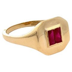 Bague de signalisation en or jaune massif 14 carats, rubis et pierre précieuse rose taille baguette