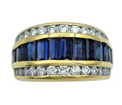 Baguette Cut Sapphire and Round Diamond Multi-Row Band Ring in 18 Karat Gold